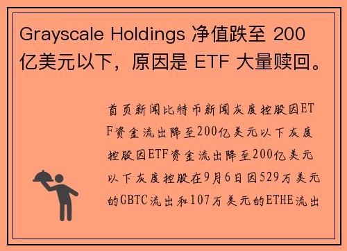 Grayscale Holdings 净值跌至 200 亿美元以下，原因是 ETF 大量赎回。