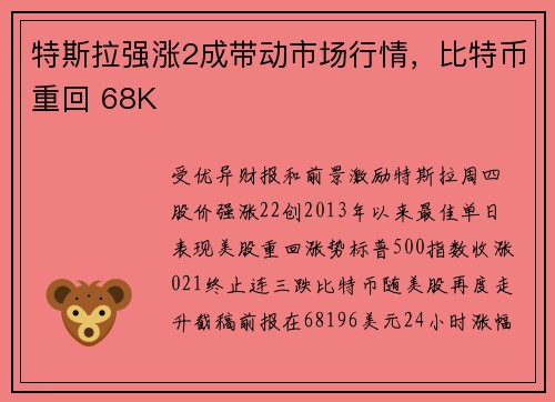 特斯拉强涨2成带动市场行情，比特币重回 68K